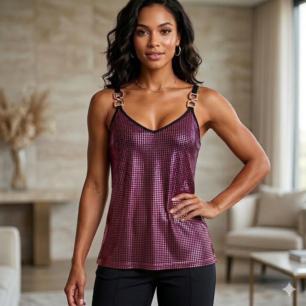 Pink Metallic Checkered Cami Tank with Gold Buckle Straps